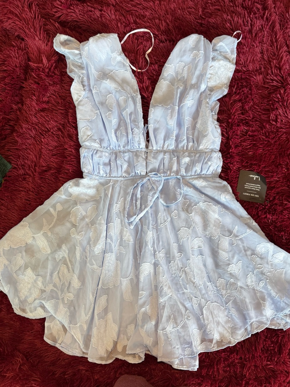Lulu's Light Blue Floral Lace Romper with Tie Waist